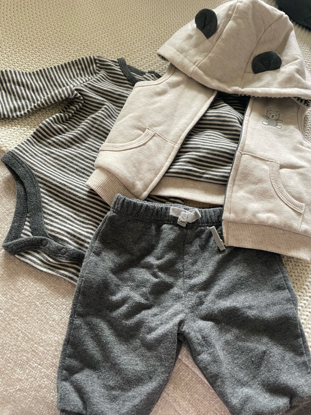 Little Me Cream Hoodie & Gray Striped Longsleeve bodysuit hooded vest 3pcs Set
